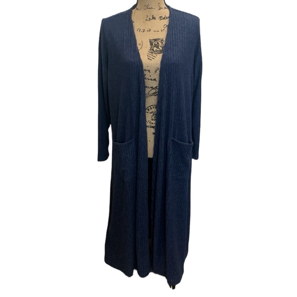 Blue Duster Cardigan‎ Sweater Sarah Ribbed Open Front Size L